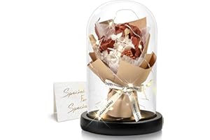 DINGHENG Eternal Rose in Glass with LED, Light Brown Rose Bouquet, Gift for Women, Decoration for Home, Durable Real Flowers for Girlfriend, Christmas, Valentine's Day, Mother's Day, Birthday