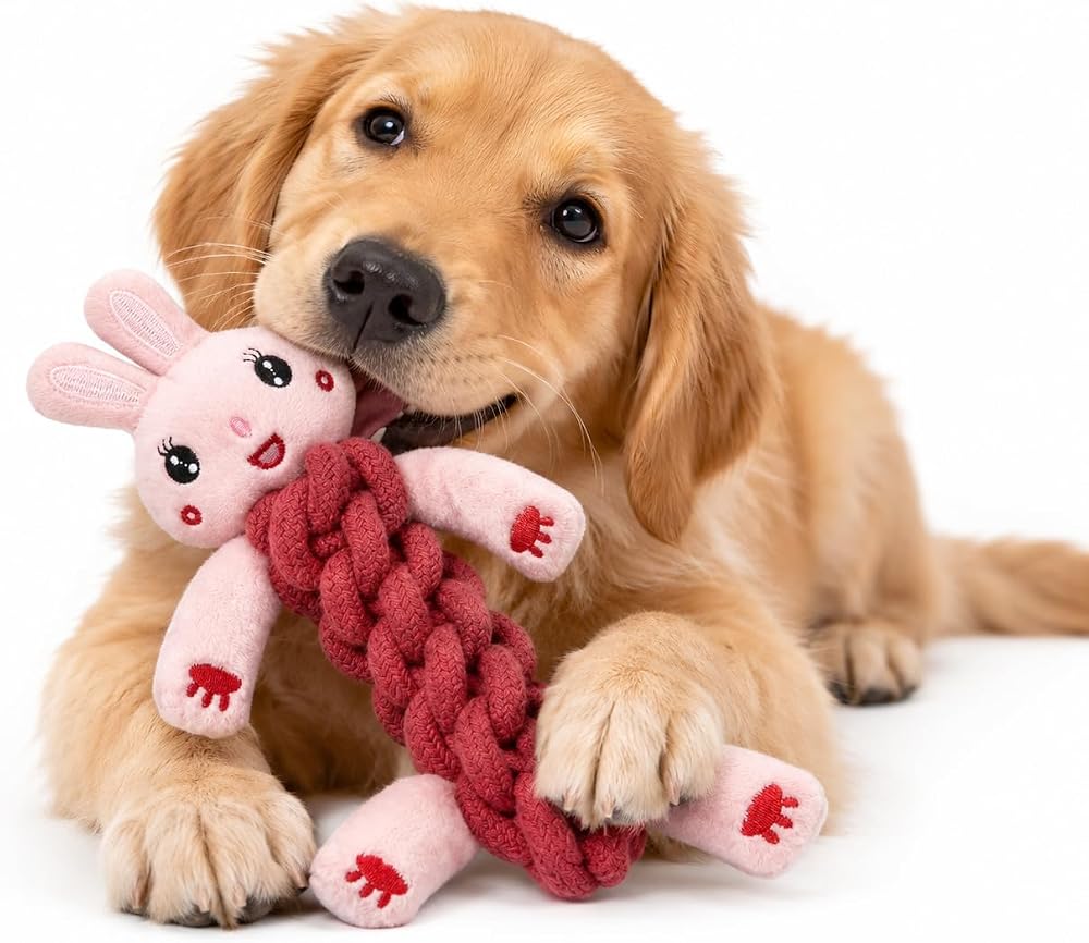 getmeev Köpekler İçin Halatlı Peluş Isırma ve Çiğneme Oyuncağı, Yumuşak Dokulu Hayvan Figürlü Oyun Oyuncağı, Isırma Taşıma ve Çekiştirme İçin Eğlenceli Aktivite Oyuncağı - Pembe Tavşan