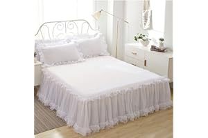 KJHG Bettvolant Bettrock Tagesdecke Ruffle Bettüberwurf Spitze Rüschen Bett Rock 3PCS Sets Bettwäsche Prinzessinnen-Stil,White-150X200CM