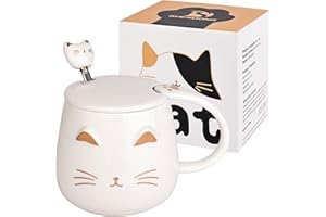 SHENDONG Biały kubek z kotem, uroczy ceramiczny kubek do kawy z pokrywką Kawaii i uroczą łyżeczką ze stali nierdzewnej, nowość, poranny kubek do kawy, mleka, herbaty, kubki 3D, dla miłośników kotów
