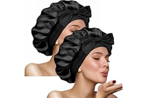 FOLAI Schlafmütze Satin Bonnet seidenhaube zum schlafen Nacht Schlaf Mütze Verstellbare Schlafkappe Kopfbedeckung Weiche Kopfhaube Schlafhaube Seide mit Gummizug für Damen und Mädchen(Schwarz)