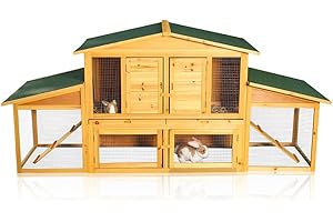 Melko XXL Hasenstall für Draußen, Winterfest, mit Freilauf, 215 x 73 x 100 cm groß, aus Holz mit Schubladen zur einfachen Reinigung