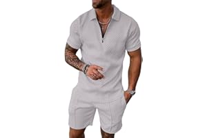 Hoefirm Tuta da uomo polo a maniche corte con zip joggers palestra top casual running sport sudore activewear 2 pezzi pantaloni tuta