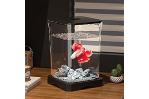 PORTOALEGRE Fish Tank Aquarium with Atmosphere Light - Betta Fish Tank Starter Kit Desktop Decor - Betta Fish Tank - Aquarium Table Decoration for Home, Office, Living Room - 17.7 x 11.8 x 11.8 cm