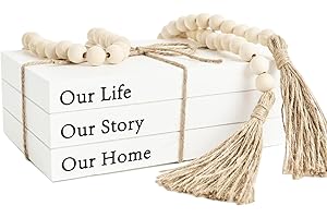 OMISHE Decorative Books for Home Decor, White Faux Books for Decoration, Rustic Farmhouse Stacked Display Books (Our Life Our Story Our Home)