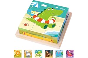 Japace Puzzles en Bois Enfant, 6 en 1 Jouet Bébé Amélioré Puzzles Cube Animaux, Jouet Montessori pour 1 2 3 4 Ans, Jeux Éducatif Préscolaire pour Garçon Filles Cadeau Noël d'anniversaire