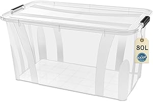 Aufbewahrungsboxen mit Deckel, 7L 14L 21L 32L 55L 80L Plastik Boxen Klickverschluss Stapelboxen 1er/3er Sets Lebensmittelecht Transparent Haushalt & HLKauf-Block (1er 80-Liter & 1x HLKauf-Block)