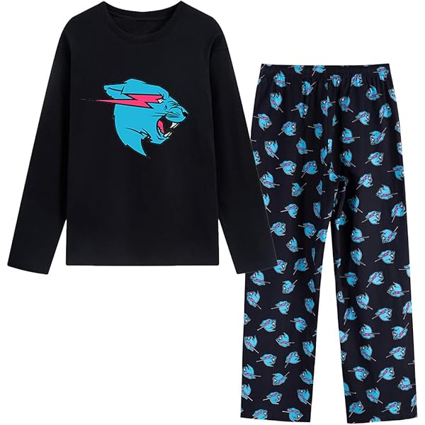 Pyjama Deux Pièces Garçon TONGQUD Ensemble Sweat à Capuche Et Pantalon Pour Garçons Mr Beast YouTube Gamer Avec Motif Chat Éclair Et Leggings Pour Filles 2 Pièces/Ensembles, Bleu, 5-6 Ans Tee Shirt