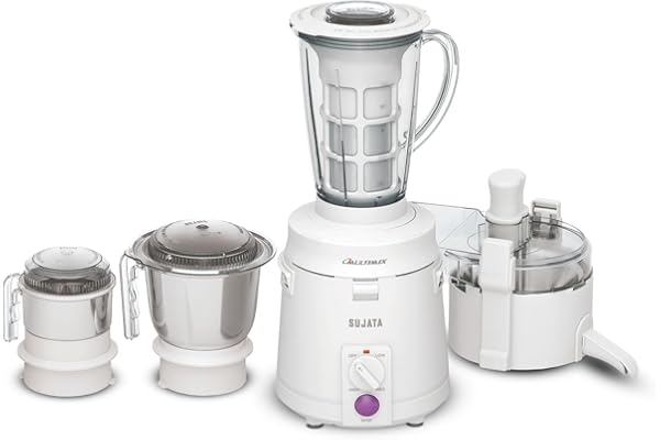 Sujata Multimix Juicer Mixer Grinder 900 Watts Double Ball Bearing Motor 22000 RPM Non-Stop 90 Mins Running 3 Jars including 1750ml Blender with Coconut Milk Extractor,1000ml, 500ml Jar (White)