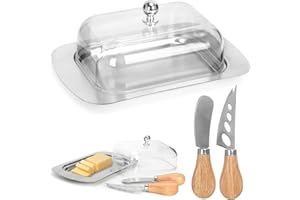 QHSXMQ Beurrier en acier inoxydable avec couvercle et poignée - Peut contenir 250 g de beurre - Avec 2 couteaux à fromage - Beurrier en acier inoxydable - Convient pour le stockage des accompagnements, du