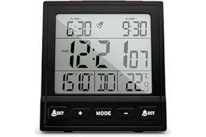 ‎MEBUS Mebus Digitaler Funkwecker mit Thermometer, Datumsanzeige, Zwei Weckzeiten, Weckwiederholung, automatische Einstellung Sommer-/Winterzeit, Funk-Uhr, Digitalwecker/Farbe: Schwarz/Modell: 25581