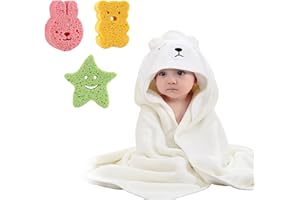 HOAAIGO Asciugamani da Bagno Neonati con 3 Spugne da Doccia, Asciugamano con Cappuccio Extra Morbido per Bambino Piccoli, Accappatoio Super Assorbente con Simpatico Orecchie per Neonato 0-3 Anni (Orso)
