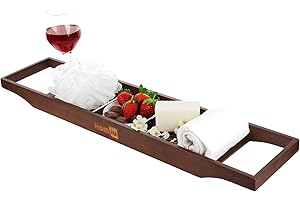 Homiu Bamboo Bath Caddy Tray | Bath Shelf Over Bath Home Spa Bath Caddy | Bath Rack Holder Books Wine Glass Candle Slatted Shelf | Bathroom Accessories Storage Organiser | Wood Bath Table (Brown)