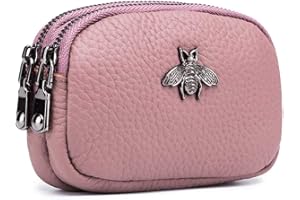 ALOUWEEKUKY Monedero de Cuero Genuino para Mujer - Doble Cremallera Bolsa de Cambio de Abeja Monedero Portatarjetas Monedero Mini Simple Monedero Lindo útil para Damas Mujer