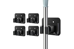 FYDESION Mop Broom Holder, 4 Pcs SUS304 Stainless Steel Mop Holder Broom Holder Wall Mounted Tool Rack for Bathroom Kitchen Office Closet Garden Garage, Self-Adhesive and Screw Installation Ways, Black
