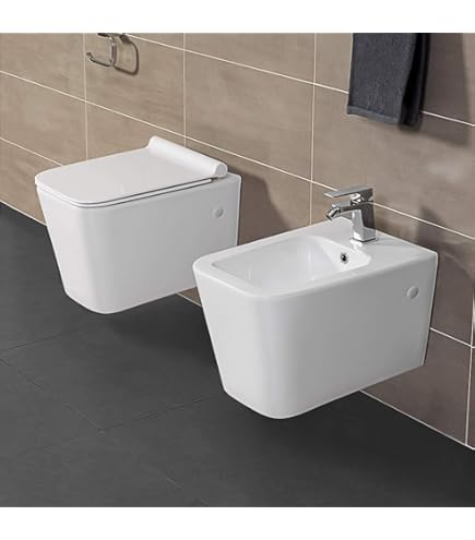 Sanitari bagno Bidet e Vaso WC SOSPESI filomuro RIMLESS in ceramica con sedile coprivaso softclose - staffe incluse CUBE