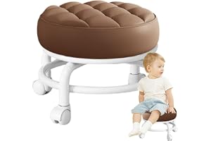Rund barpall - Liten pall med hjul, låg pall med remskiva | Rund spa-pall med sittkudde, justerbar sadelbänk i läder svängbar