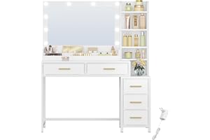 HEXCELEN Schminktisch, Schminktisch mit Groß Spiegel, Frisiertisch mit 5 Schubladen, 5 Offenen Fächern, Stauraum vor Dem Spiegel, Modern, Weiß, 40 × 110 × 141 cm
