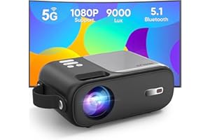 HORLAT Mini Proiettore, Proiettore 5G WiFi Bluetooth 9000 Lumens, Supporto Full HD 1080P, Correzione Trapezoidale ±15°, Videoproiettore Home Cinema, Compatibile con Smartphone/TV Stick (grigio nero)