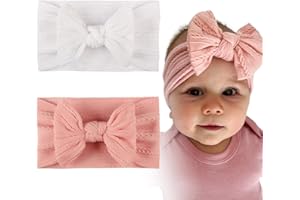 BHIPKOT 2 diademas de turbante para bebé, diademas de nailon para niña, diadema con lazo para bebé, diadema con lazo suave, bandas elásticas para el pelo para bebé recién nacido(rosa y blanco)