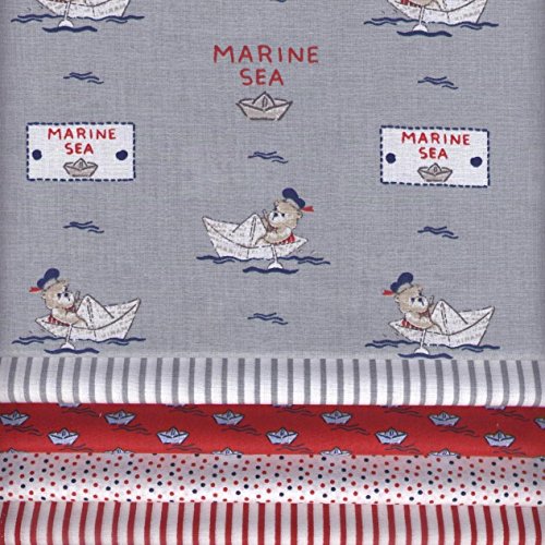 Stoffpak bundle de telas - 5 telas Bebé marinero ROJO, con gris, azul y blanco - colección de telas de coordinación (pequeños diseños) | 100% algodón | 35 x 50 cm