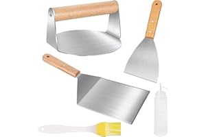 Abiemuce 5-TLG Burger Smasher Set, Edelstahl Smash Burger Set inlk.Burger Smasher, Groß Grillwender, Grillspachtel, Quetschflaschen und Bürste, für Outdoor Indoor BBQ Steak Pizza Plancha Grillparty
