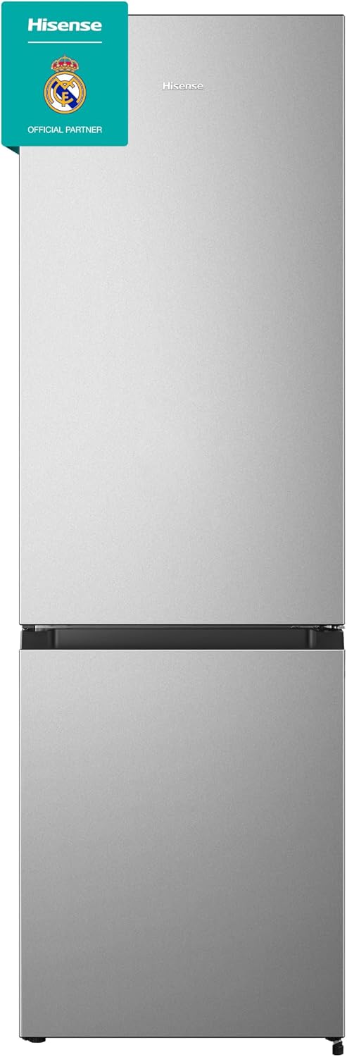 Hisense RB343D4CDE - Frigorífico Combi Cíclico, 269L, Class E, Ancho 55cm x Alto 180cm, Puerta Reversible, Apertura de Puertas 90º, Iluminación Led, Cajón Frutas y Verduras, Gran Capacidad, Inox