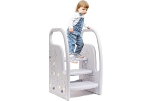 ‎LEOGREEN Leogreen Kinder Tritthocker, 3 Stufiger Trittschemel, Höhenverstellbar, mit Zwei-Armlehnen, Kinderschemel aus Kunststoff, für Kinderzimmer, Küche und Badezimmer (Grau)