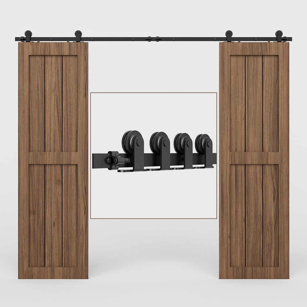 365CM/12FT Puerta de Granero Corredera Estilo Rústico de Madera para Armario - Herraje Colgado Con Guía Rodamientos Deslizantes para Puerta Doble