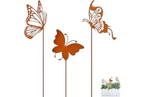 Ljevandria Gartenstecker Rost Schmetterling Gartendeko für draußen wetterfest Frühlingsdeko Sommerdeko Rostige Metall Blumenstecker Deko für Garten Terrasse Balkon Blumentopf (3 Schmetterlinge)
