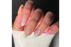 JUSTOTRY 24 Stück Regenbogen Wavy Mandel Nägel Zum Aufkleben Kurz,Mehrfarbig French Press on Nails,Swirl Oval Kunstnägel Fake Nails,Fingernägel Künstliche Nägel Mittel für Frauen