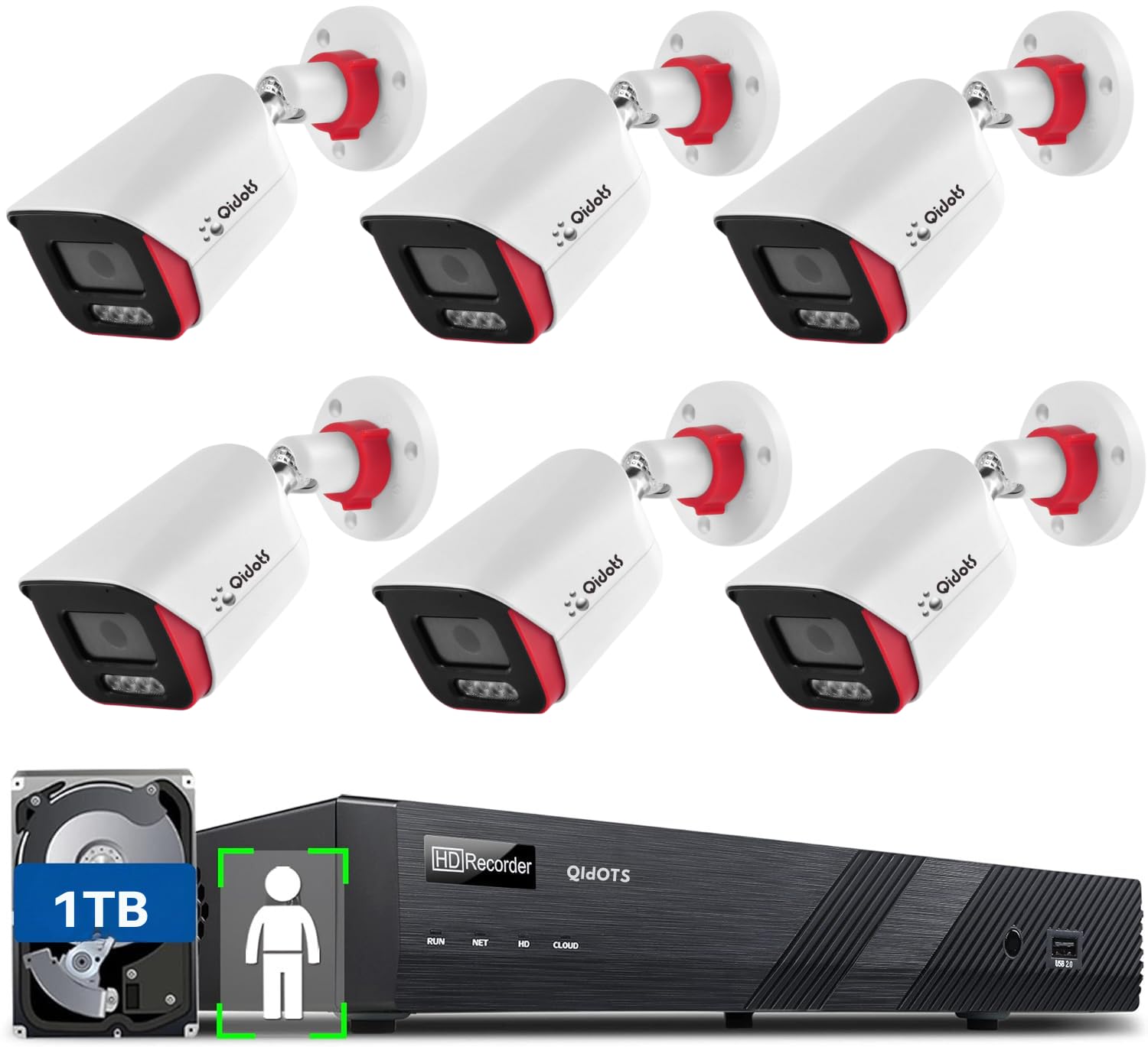 QIDOTS 6 Channel CCTV Combo Set 4K 8 MP IP Bullet Cameras with 8 Channel NVR 6pc Metal Body Bullet IP Camera ColourVu Dual Mode with 1TB Hard Disk with 8-Port POE Switch