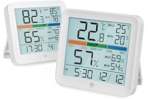 NOKLEAD termometro igrometro interno,termometri digitali misuratore umidità per Interni con Registrazioni Max Min Comfort dell'Aria Leggera Orologio Temperatura Monitor Misuratore di Umidità,2 Pezzi