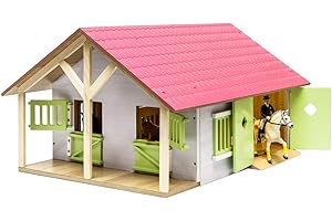 Kids Globe Farming Reiterhof 610168 - Fattoria per Cavalli, in Legno, 1:24, con 2 scatole, Giocattolo per Cavalli, con Pratico Tetto Pieghevole, per Tutti i Tipi di Animali Domestici
