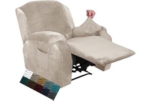 CHELZEN Velvet 4 Piece Recliner Cover Stretch Soft Cover for Recliner Chair Thick Soft Recliner Chair Slipcover (Recliner, Khaki)