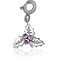 FOURSEVEN Jewellery 925 Sterling Silver Christmas Holly Charm Pendant with Pink Cubic Zirconia - Fits in Bracelets, Chains and Necklace (Best Gift for Men and Women) (Christmas Gifts)
