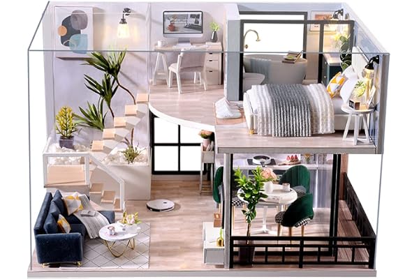 Miniature avec des Meubles de Maison de poupée, kit DIY Dollhouse en Bois Ainsi Que la poussière et, 1:24 Salle créative pour l'idée Cadeau Saint Valentin