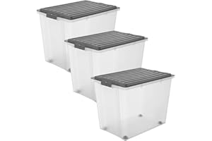 Rotho Compact - Juego de 3 Cajas de Almacenamiento de 70 L con Tapa y Ruedas, Plástico (PP) sin BPA, Gris Antracita/Transparente, 3 x 70 L (57.0 x 39.5 x 43.5 cm)