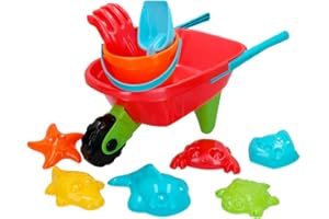 ColorBaby - Carretilla de playa con 1 cubo, 1 rastrillo, 1 pala y 6 moldes (43507)