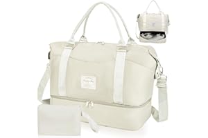 LATIT Sporttasche mit Schuhfach&Nassfach Reisetasche WeekenderTasche Travel Bag mit USB Ladeanschluss Sport Duffel Bag Wasserdicht Übernachtungstasche für Damen & Herren Offwhite