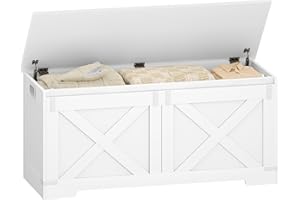 Hzuaneri Storage Chest, Farmhouse Shoe Storage Bench with 2 Secure Hinge, Lift-Top Storages Bench, Bed End Stool, Wooden Storages Organizer 40 x 109 x 48.5 cm, for Bedroom White SB10903X