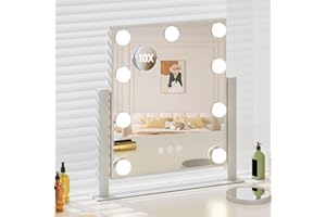 Dradaomull Specchio Trucco con Luci, Specchio Hollywood da Tavolo con 9 Lampadine LED, 3 colori di illuminazione, specchio da trucco ingranditore 10x rimovibile e rotazione a 360 gradi (Bianco)