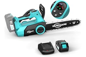 YARDCARE Akku-Kettensäge 12 Zoll mit YARDCARE 4Ah Lithium-Ion Akku, LED-Display & Bürstenloser Motor, Werkzeuglose Kettenspannung, Automatischer Öler, Rückschlagschutz für Gartenarbeit