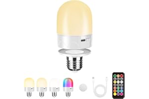 PINRUTAR USB Żarówka Ładowana Ze Zdalnym Sterowaniem, Żarówki Do Lamp Na Akumulator E27, Żarówka Kolor RGB, 12-Kolorowa Temperatury Regulacja, 3-Timery, Bezprzewodowe Światło Nocne, 800LM,1 pack