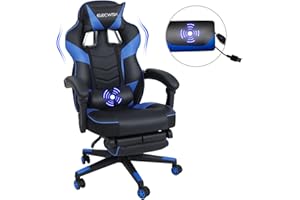 GEEGVV YOURLITEAMZ Racing Gaming Chair with Massage, Office Ergonomic Computer Desk Chair with Padded Footrest Support, Swivel High Back Recliner, High-Adjustable Cushion, PU Leather for Home Office（Blue）