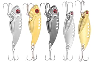 TUXIBIN - 5 señuelos de Pesca Duros de Metal, cebos Duros de Metal, señuelos de Pesca de Metal, con Gancho de Acero de Alto Carbono para róbalos y truchas en Agua Salada y Agua Dulce …