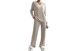 JENJON Donna Completo Tuta 2 Pezzi Completo a Maniche Lunghe Maglia Comode Pantaloni Dritti con Scollo a V Tuta Autunno Inverno