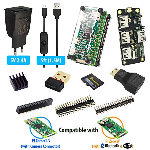 MakerSpot 4-Port USB Hub HAT für Raspberry Pi Zero W / V1.3 mit Acryl Schutz Gehäuse, 2.4A Netzteil & 1.5m Micro USB Kabel mit Ein-Aus Schalter, WLAN, 8GB MicroSD Card, Pin Headers, HDMI Adapter