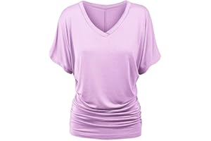 TIMEMEAN Femme Blouses Chemise à Manches Chauve-Souris Et Ourlet Replié Tunique De Couleur Unie à Manches Courtes Et Col en V De Grande Taille