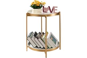 danpinera 2 Tier Gold Side Table, Folding Round Metal End Table Small Nightstand with Two Removable Tray for Bedroom Living Room Bedside Small Spaces Gold + White